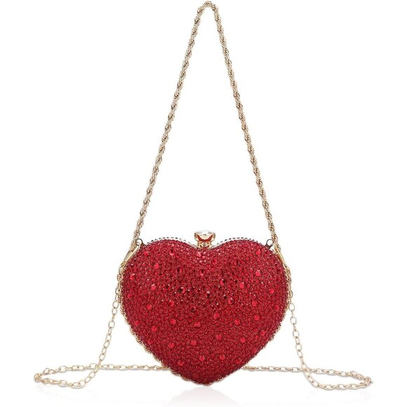⚡  Women's Cute Heart Shape Rhinestone Evening Wedding Red Clutch Handbag - Picture 1 of 6